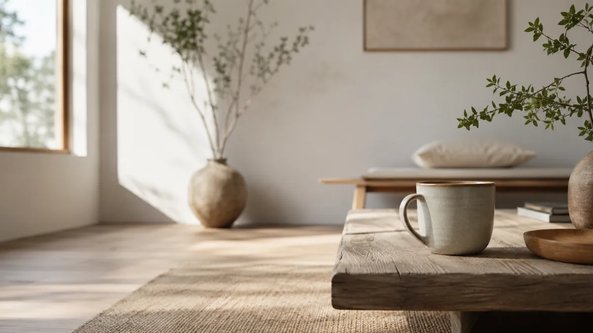 Serene minimalist interior with natural light and simple objects