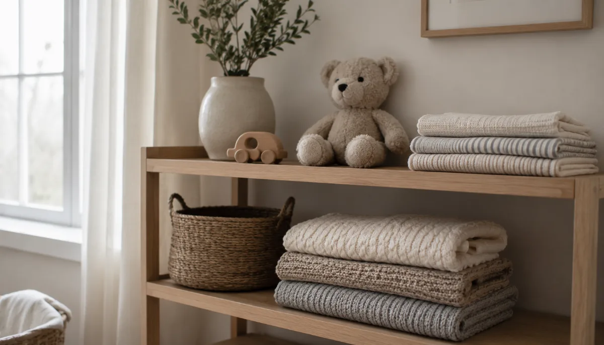 Simple nursery shelf with folded blankets and a small toy