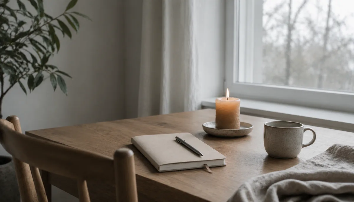 Clean wooden desk by a window with a notebook, pen and a cup of coffee
