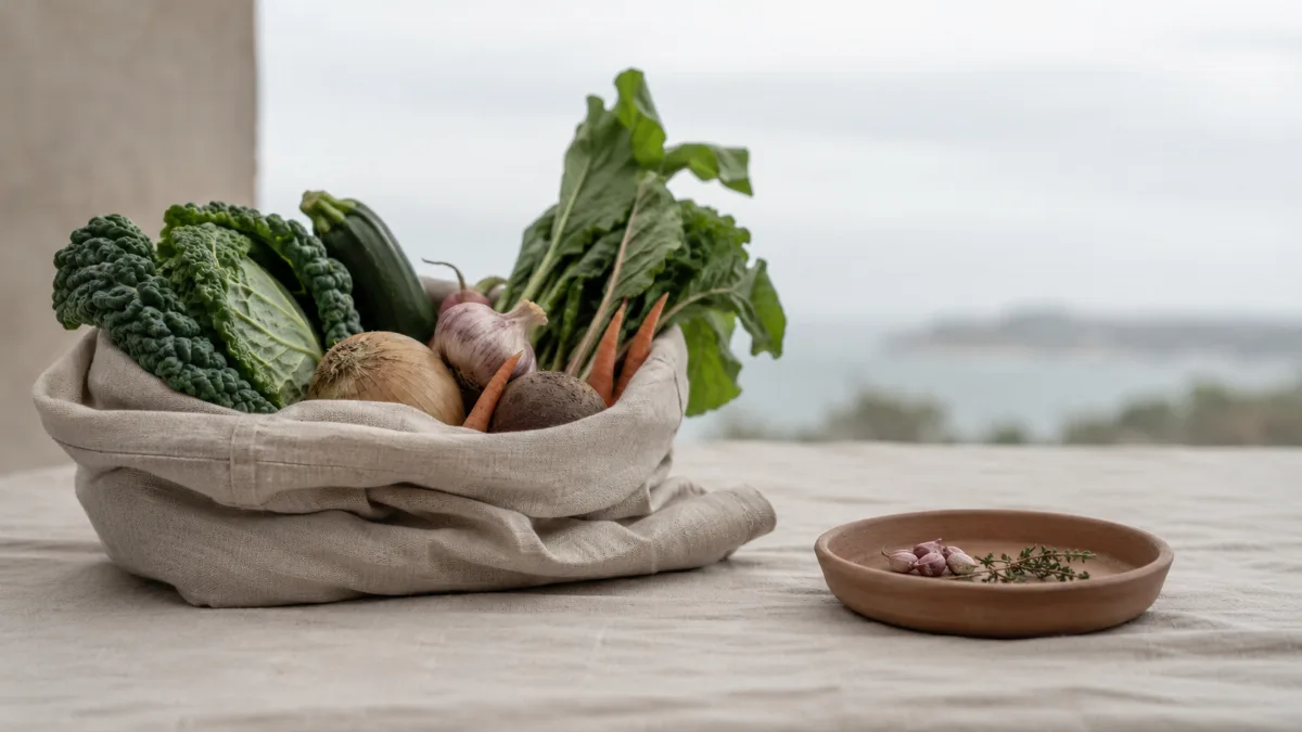 Cloth produce bag of vegetables in soft light