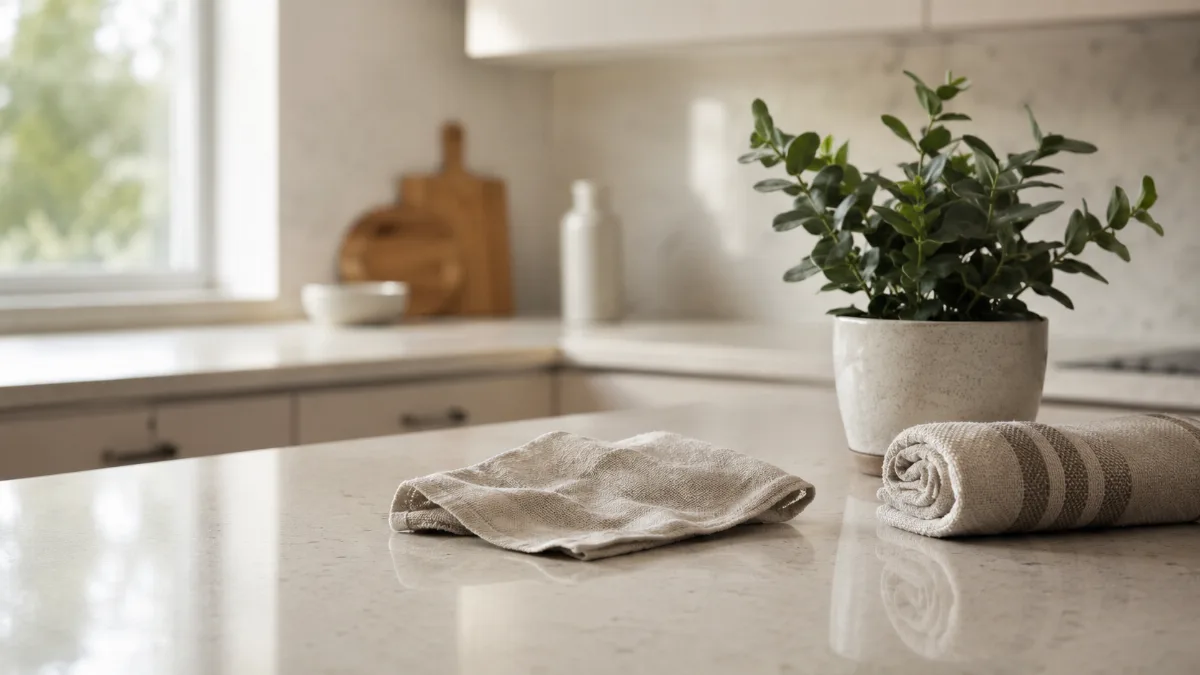 Freshly wiped kitchen counter with a cloth and a small plant