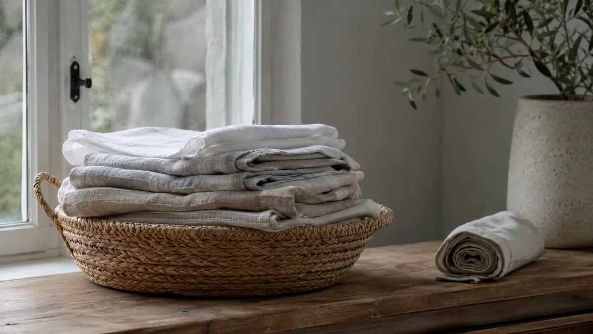 Folded laundry stacked in a woven basket by a window