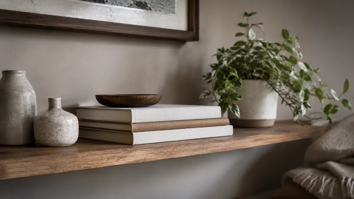 Tidy wall shelf holding books, a plant and a few ceramics