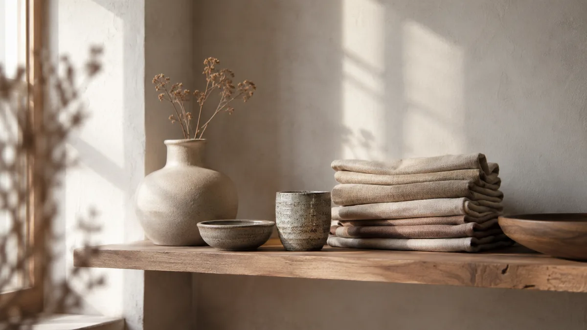 Muted palette of stoneware and linen on a wooden shelf