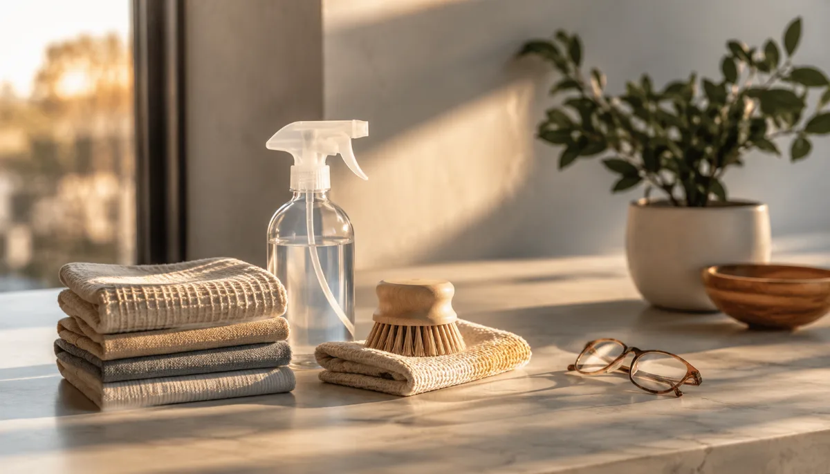 Neatly arranged cleaning cloths and a refillable spray bottle on a clean surface