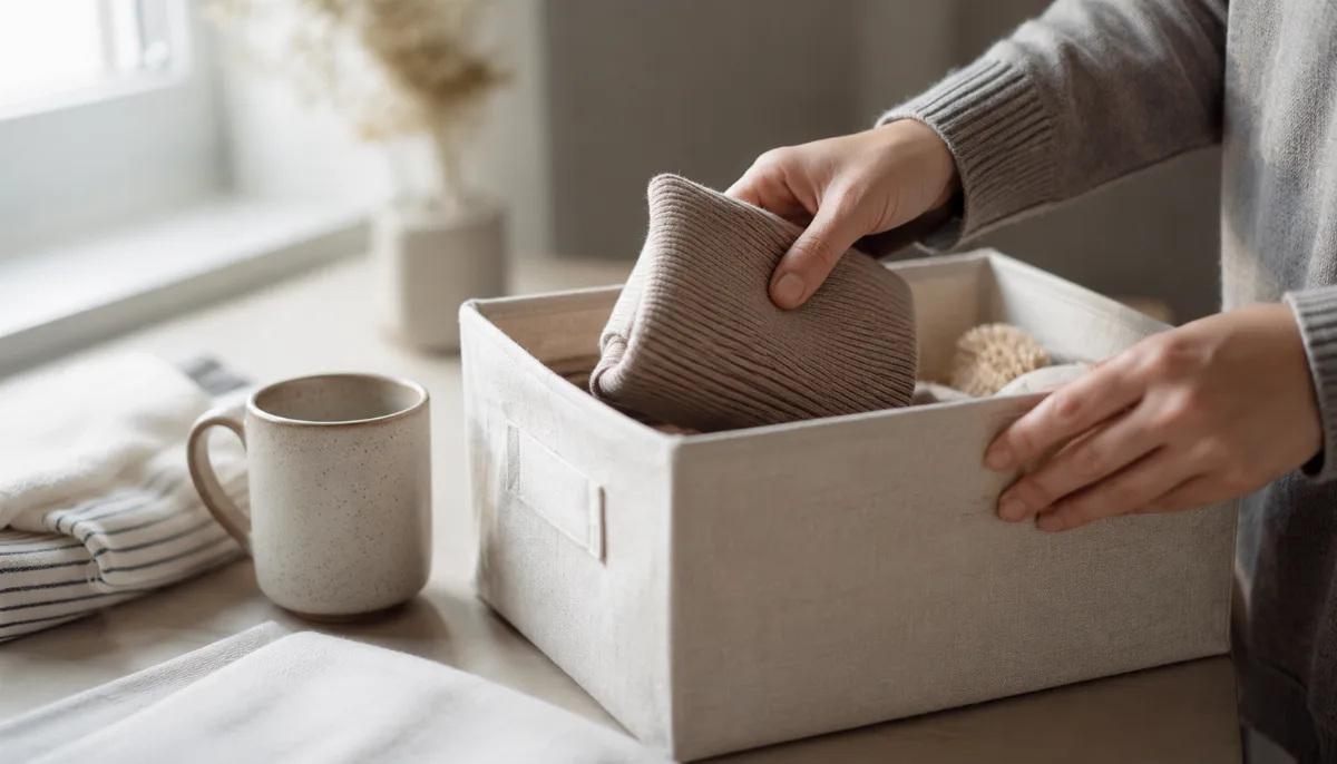 Hands sorting household items into a labeled fabric bin
