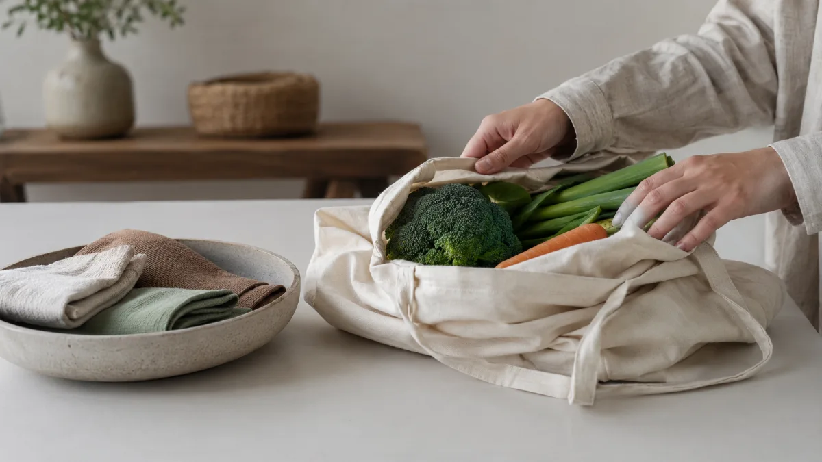 Cloth produce bag of vegetables in soft light