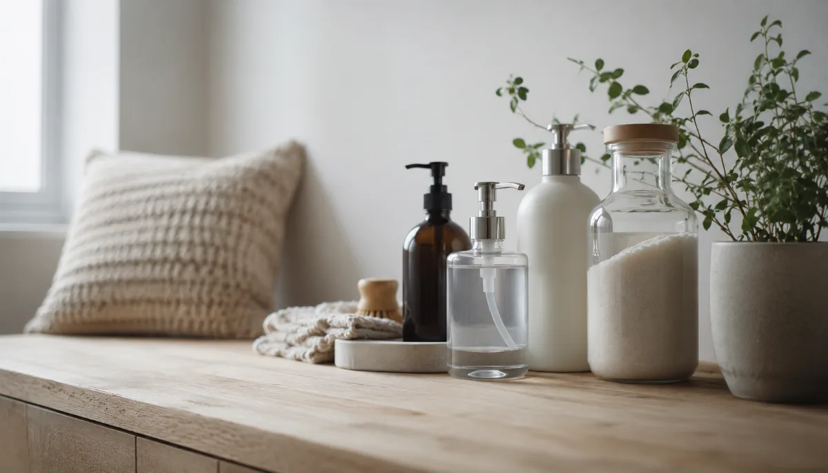 Refillable containers and a leafy plant on a wooden counter
