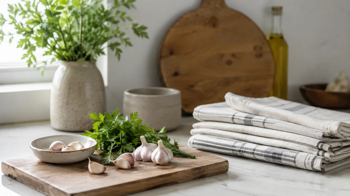 Simple kitchen counter with fresh ingredients and a wooden board