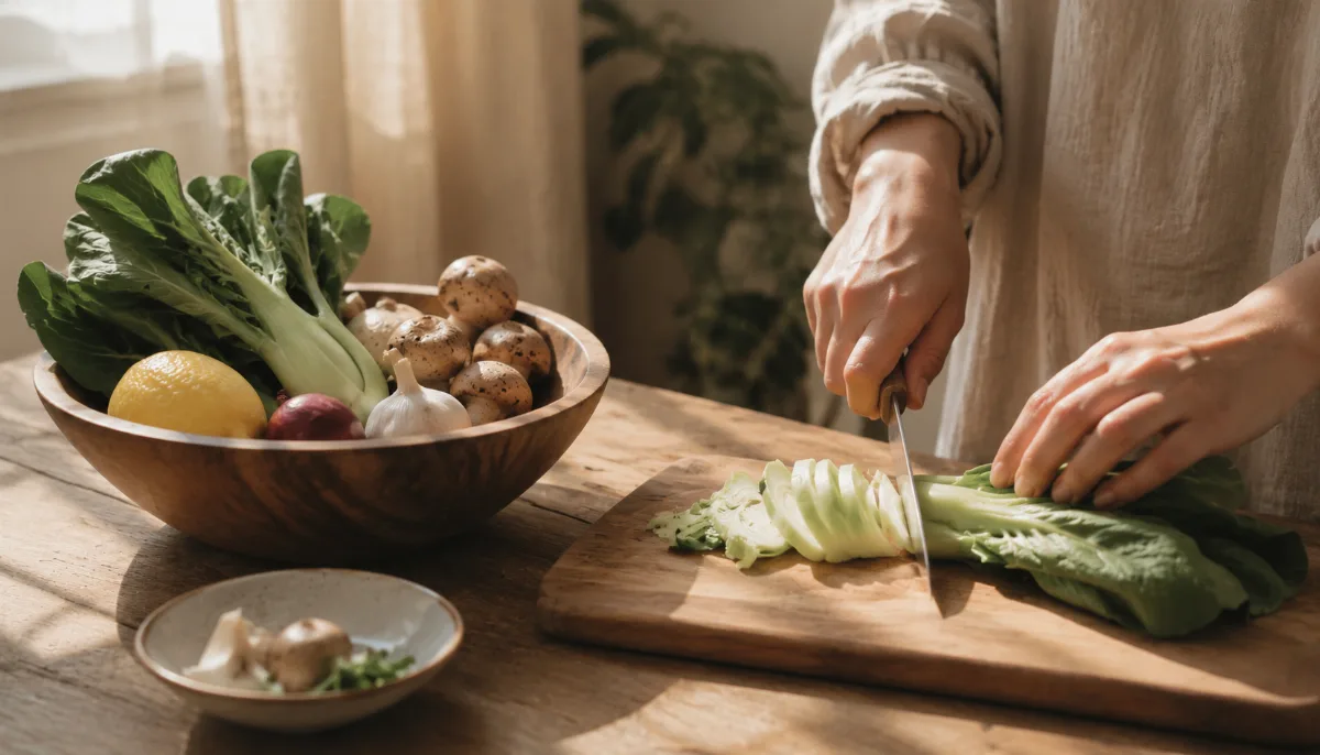 Wooden bowl of vegetables beside a chopping board