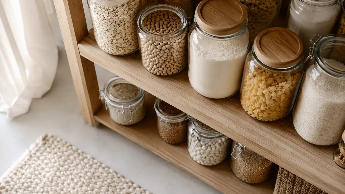 Minimalist pantry shelf with glass jars of staples