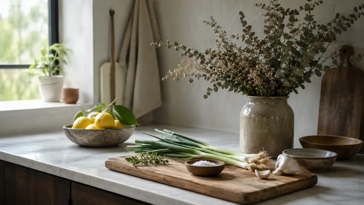 Calm kitchen counter with fresh simple ingredients on a wooden board