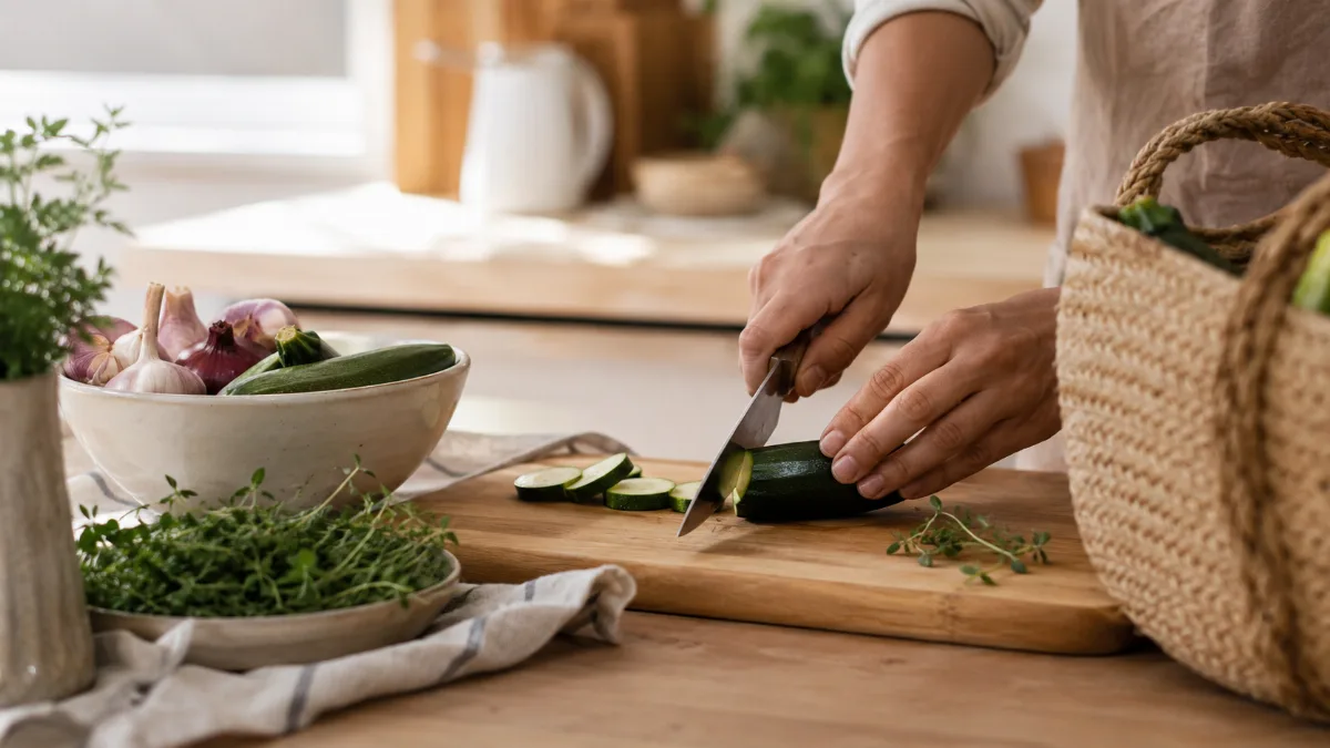Calm kitchen counter with fresh simple ingredients on a wooden board