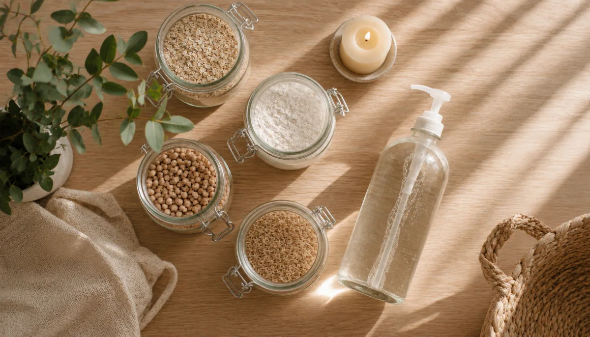 Refillable containers and a leafy plant on a wooden counter