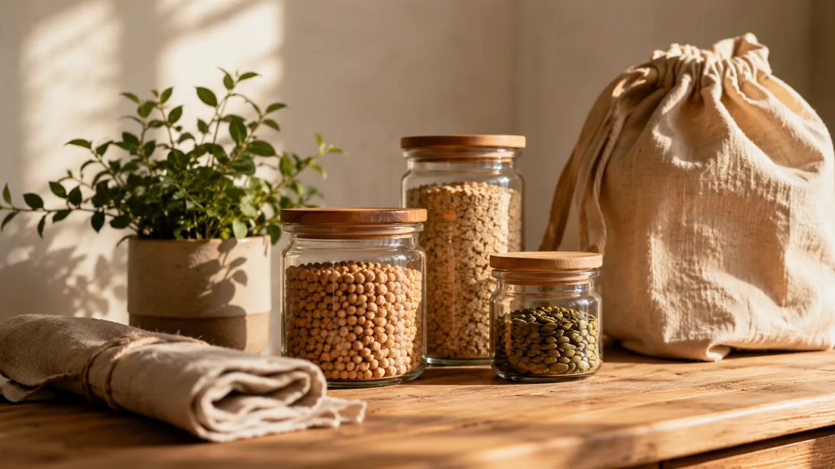 Reusable jars and a cloth bag with a small potted plant