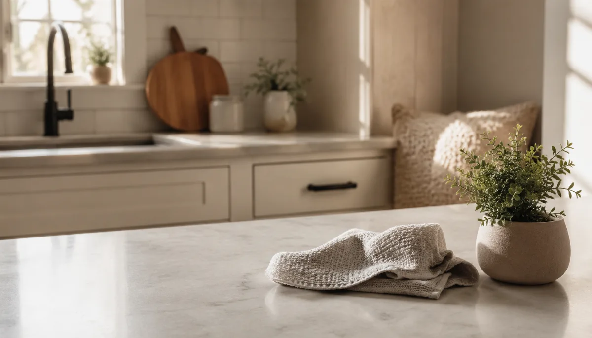 Freshly wiped kitchen counter with a cloth and a small plant