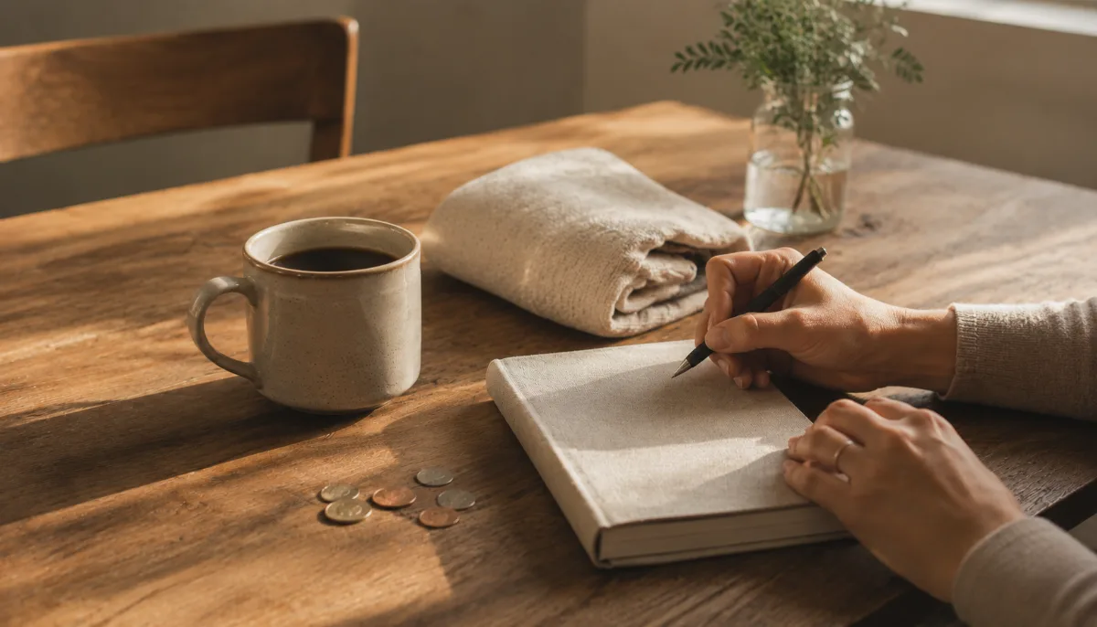 Kitchen table with a plain notebook, coins and a coffee cup
