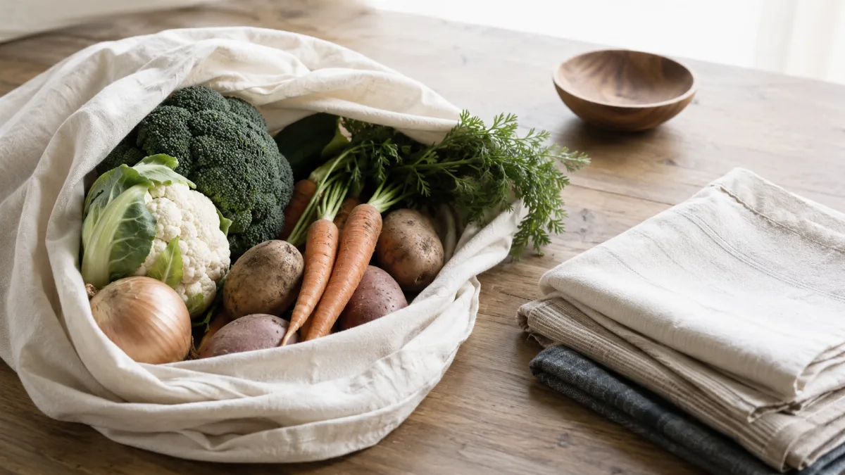 Cloth produce bag of vegetables on a wooden kitchen counter