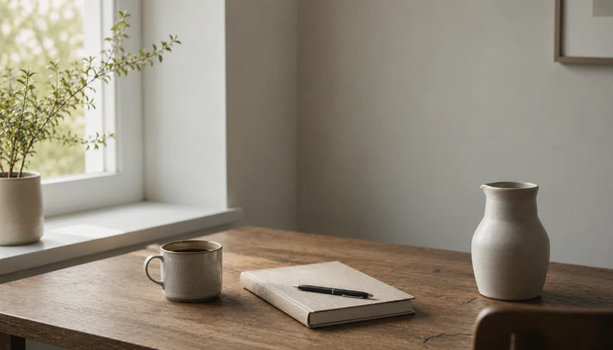 Clean wooden desk by a window with a notebook, pen and a cup of coffee