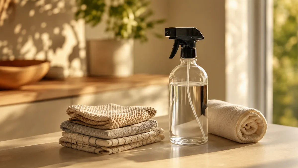 Neatly arranged cleaning cloths and a refillable spray bottle on a clean surface