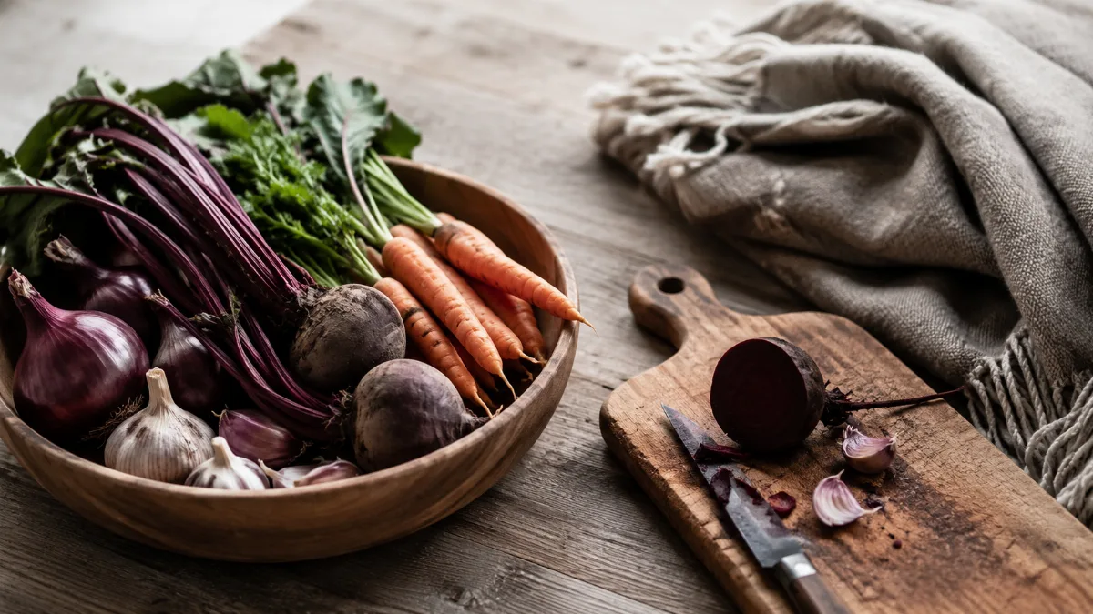 Wooden bowl of vegetables beside a chopping board
