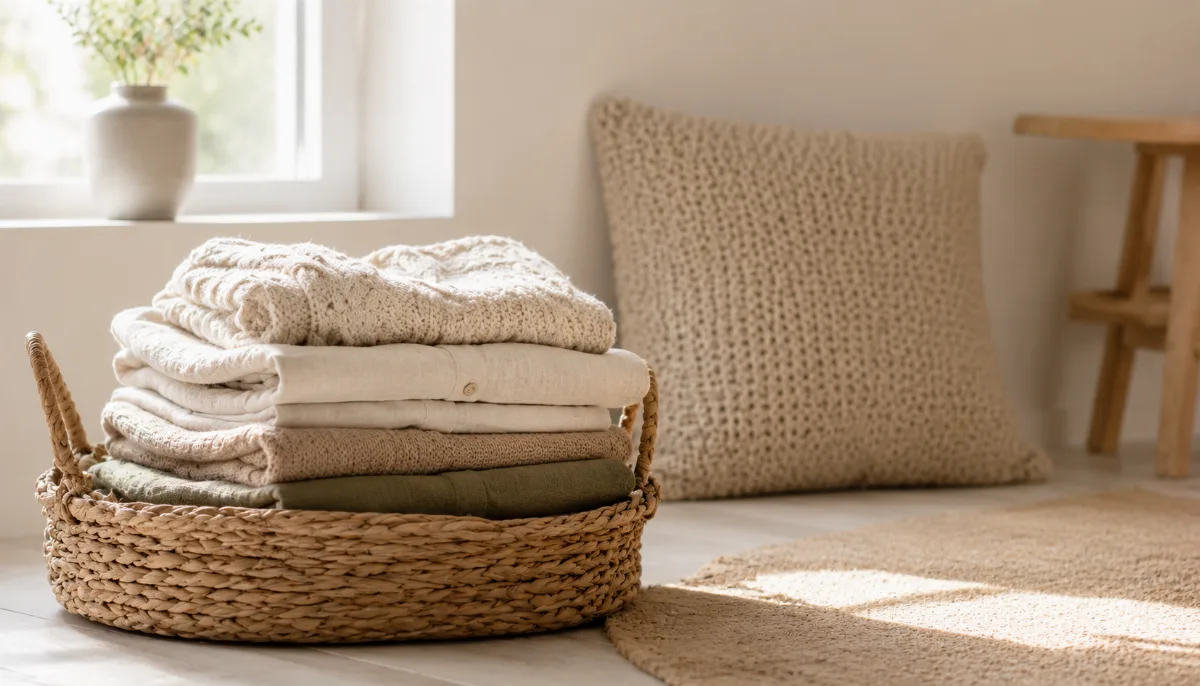 Folded laundry stacked in a woven basket by a window