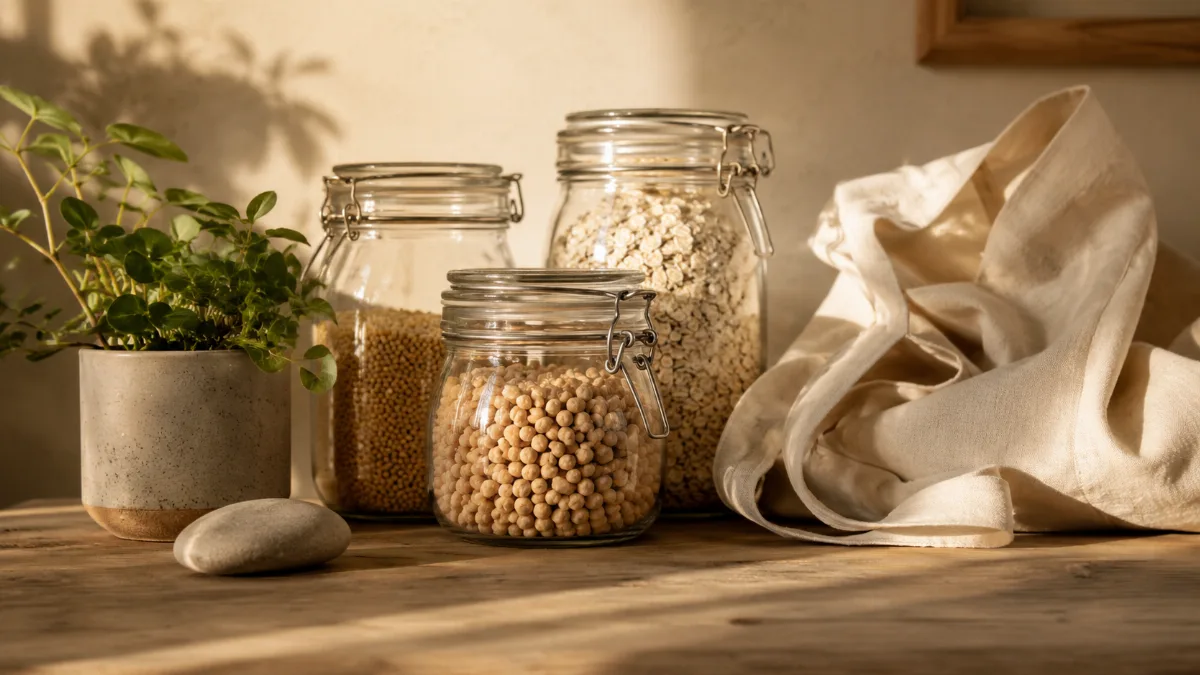 Reusable jars and a cloth bag with a small potted plant