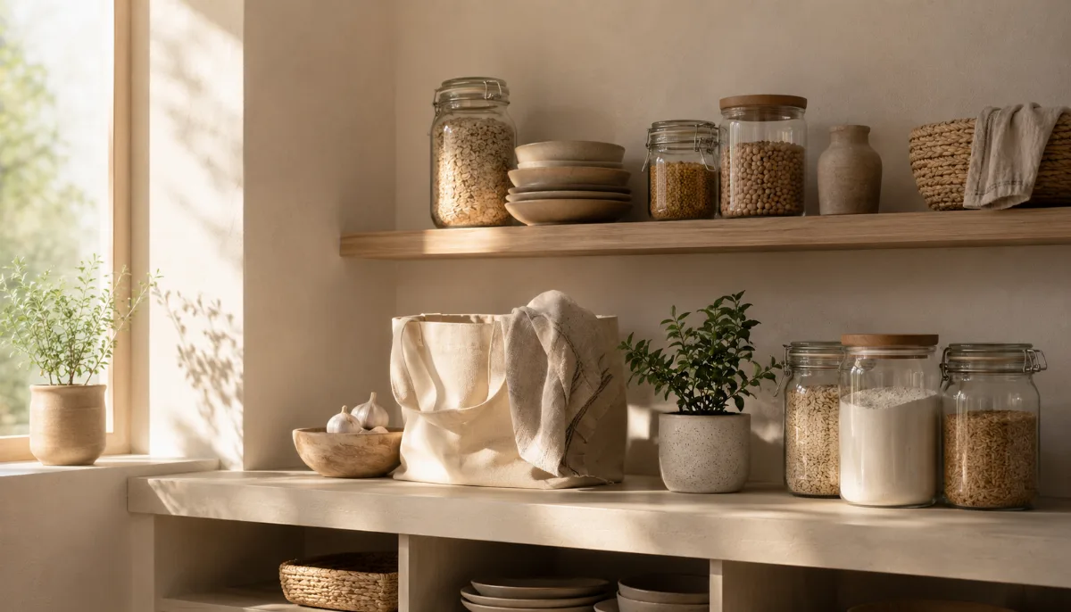 Minimalist pantry shelf with glass jars of staples