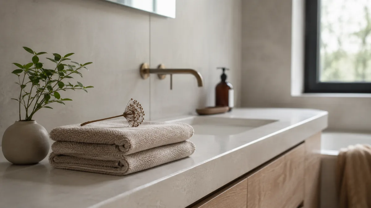 Clean bathroom counter with a single plant and stacked towels