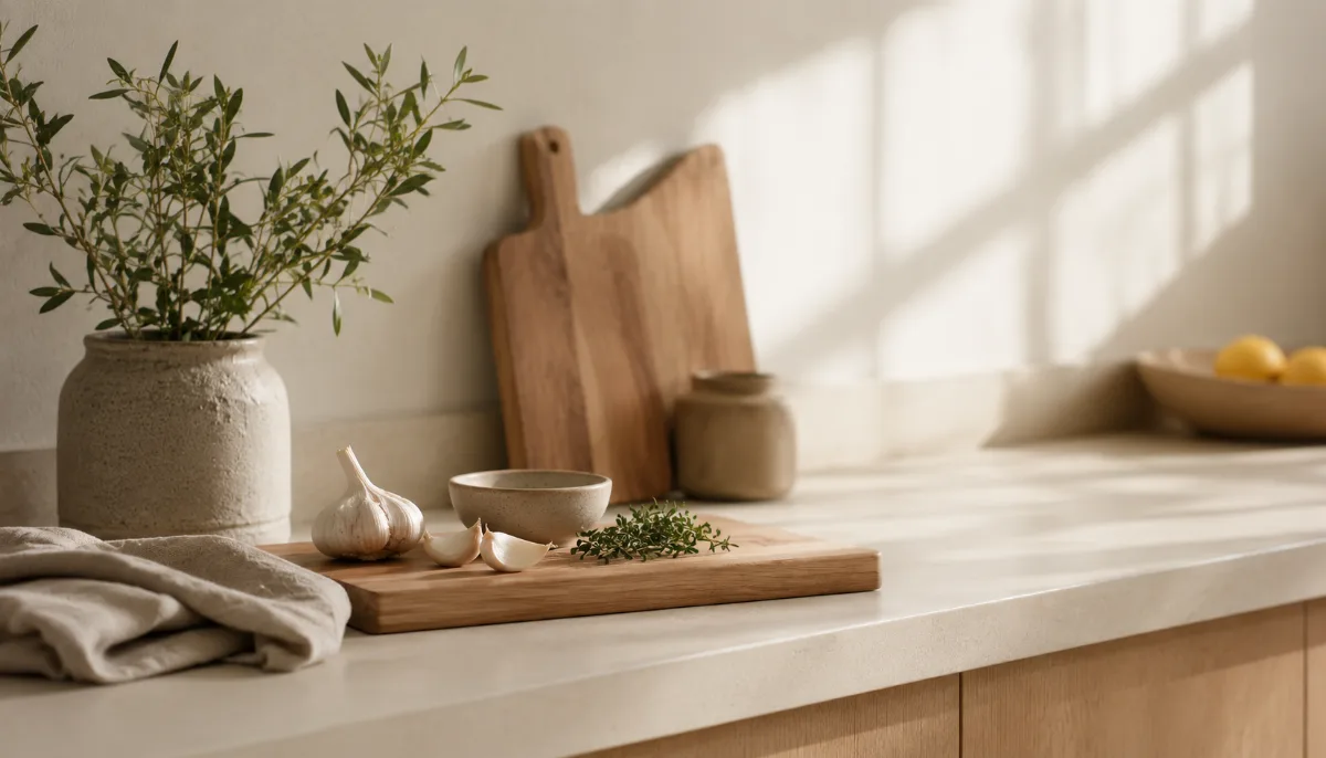 Calm kitchen counter with fresh simple ingredients on a wooden board
