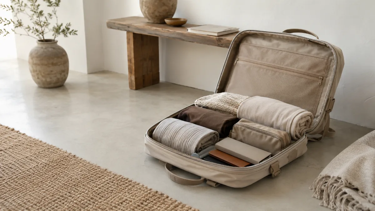 Open carry-on backpack with neatly rolled clothes and travel essentials