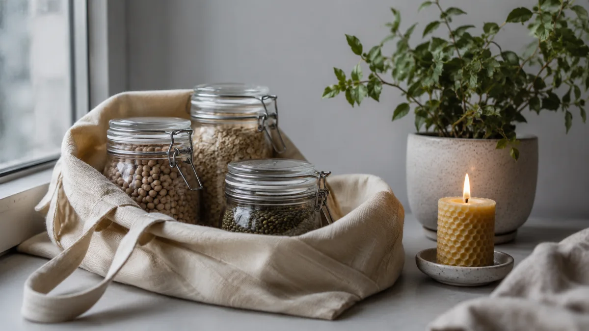 Reusable jars and a cloth bag with a small potted plant