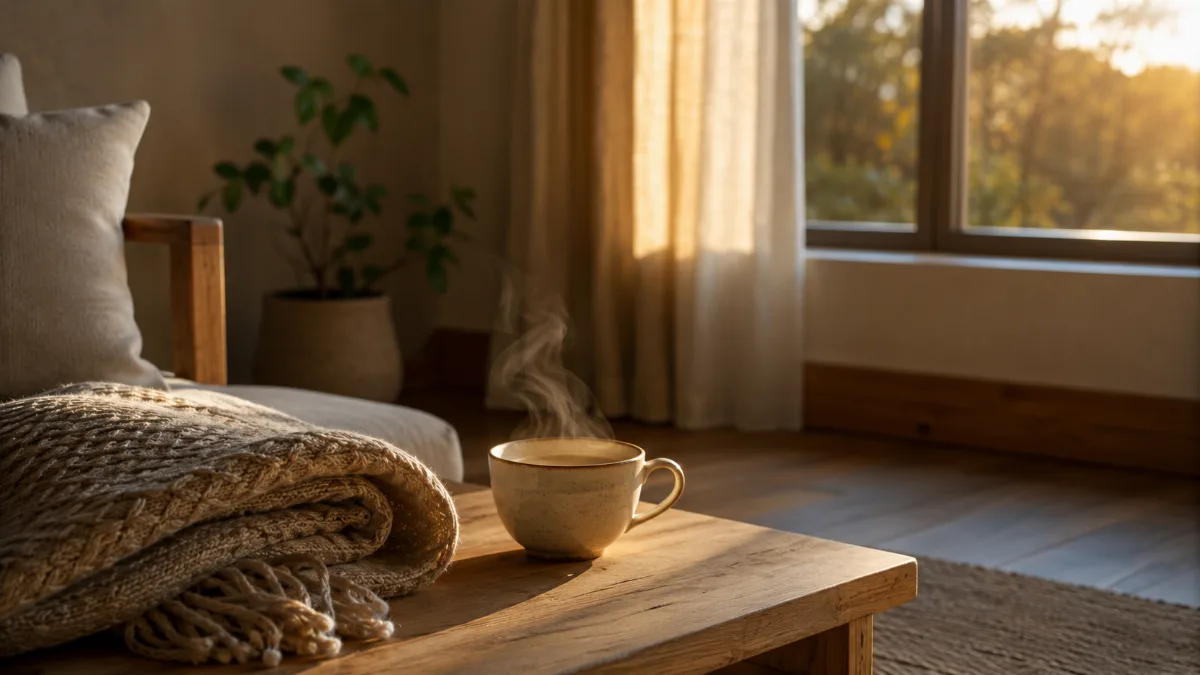 Calm evening corner with tea and a folded blanket