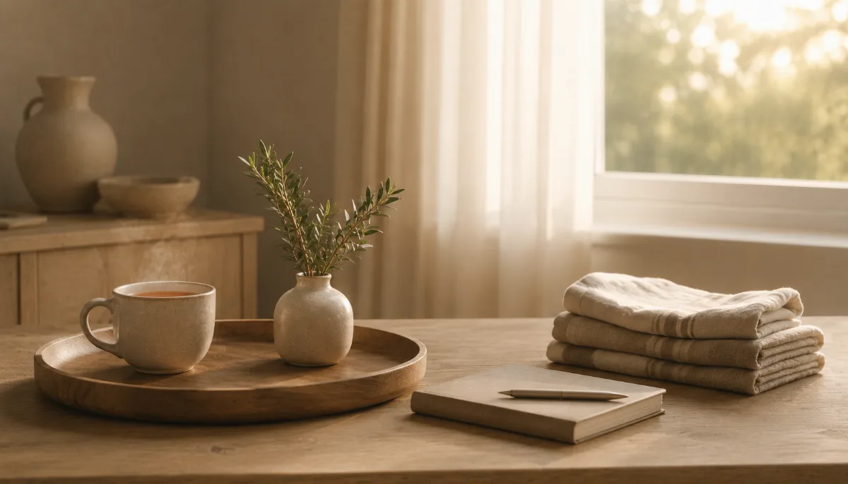 Simple morning tray with tea and a journal