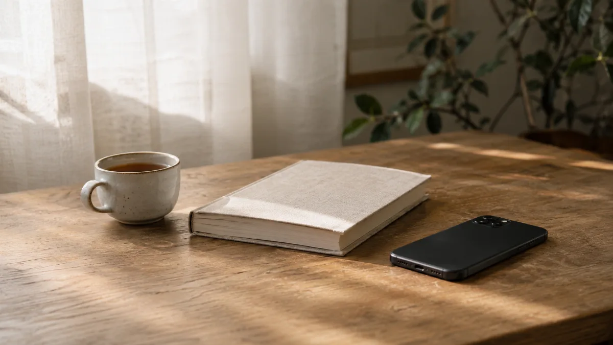 Single phone face-down beside a book and a cup of tea