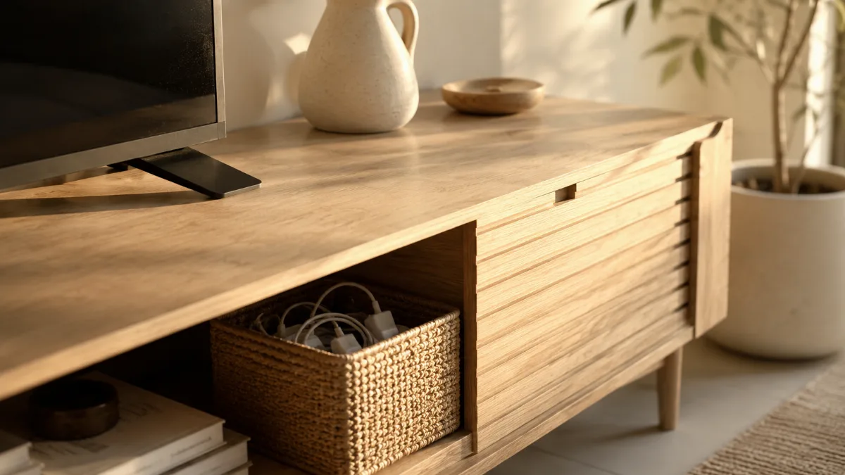 Tidy media console with charging cables tucked into a small woven basket