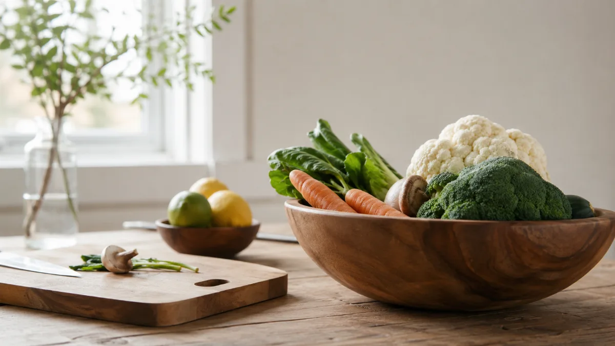 Wooden bowl of vegetables beside a chopping board