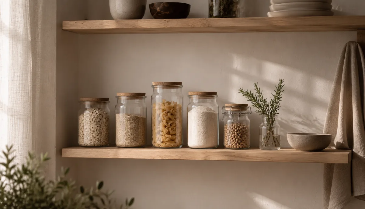 Minimalist pantry shelf with glass jars of staples