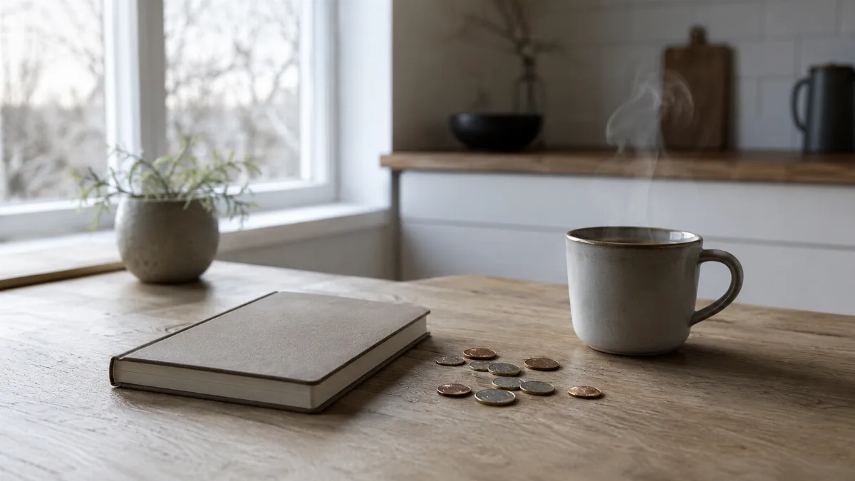 Kitchen table with a plain notebook, coins and a coffee cup