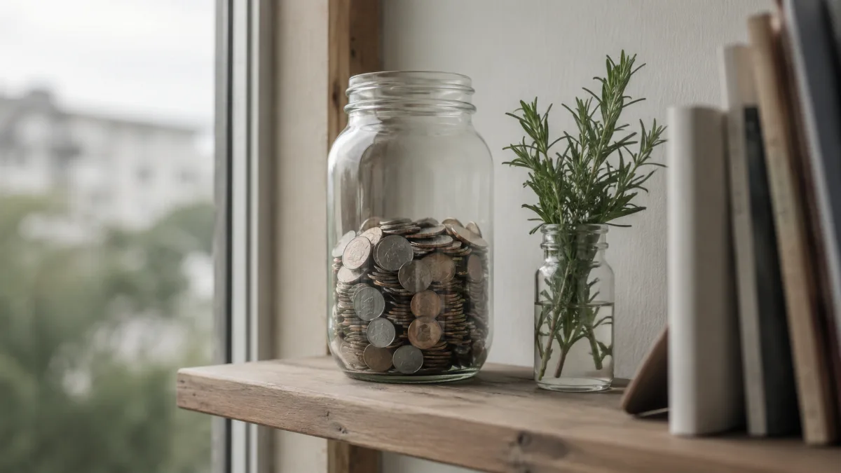 Glass jar of saved coins on a wooden shelf