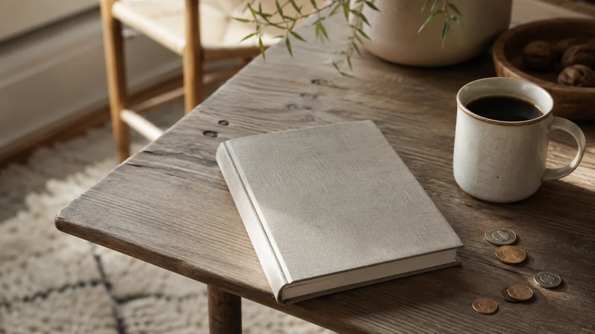 Kitchen table with a plain notebook, a few coins and a cup of coffee