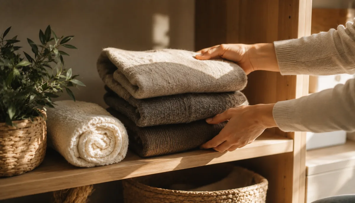 Folded sweaters stacked neatly on an open shelf