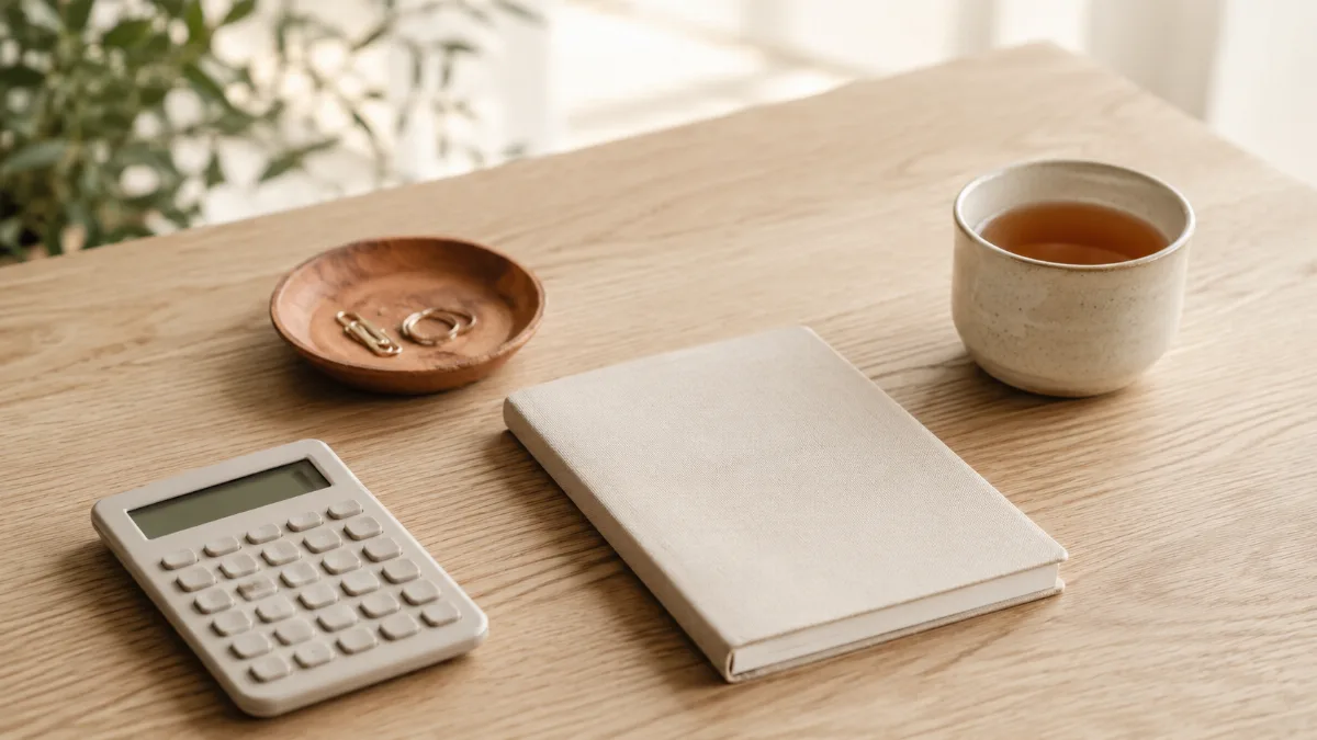 Tidy desk with a calculator, notebook and a cup of tea