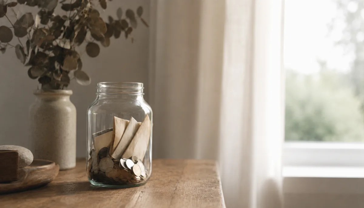 Glass jar holding folded notes and coins on a wooden surface