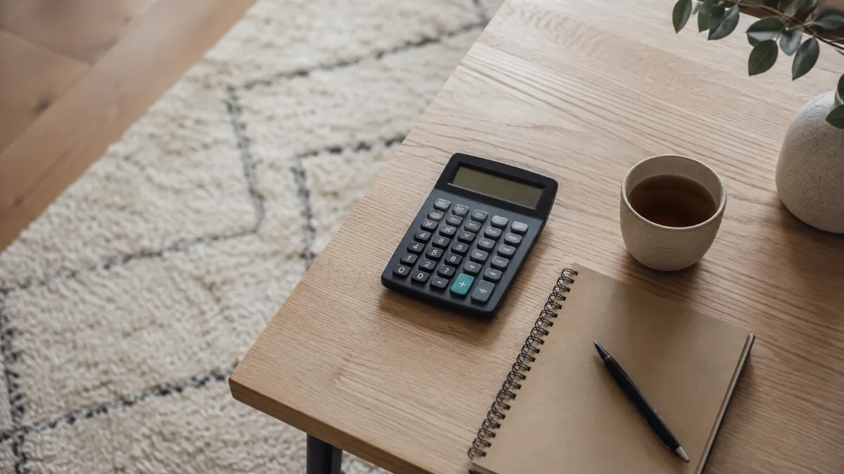 Tidy desk with a calculator, notebook and a cup of tea