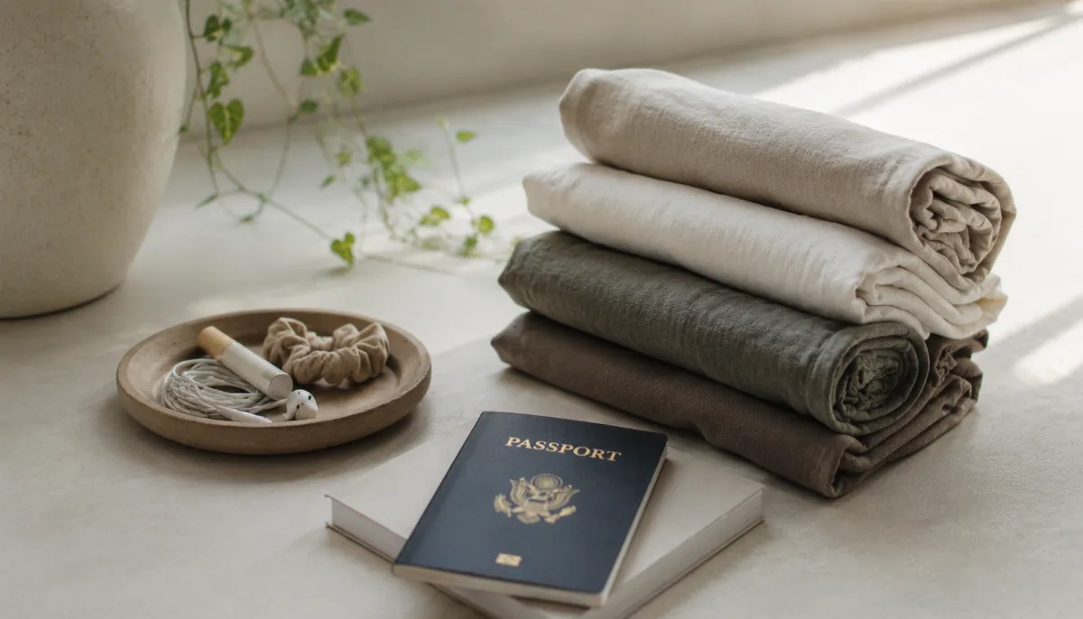 Rolled clothes and a passport arranged on a clean surface