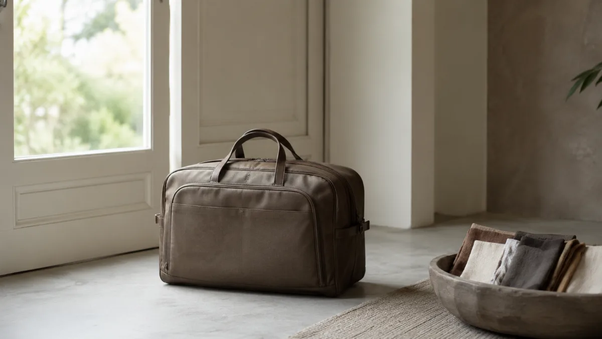 Single carry-on bag by a sunlit doorway