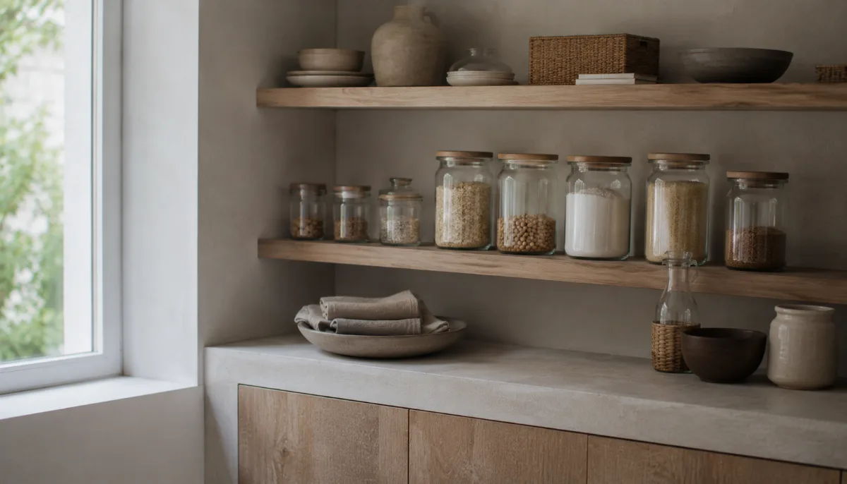 Minimalist pantry shelf with glass jars of staples