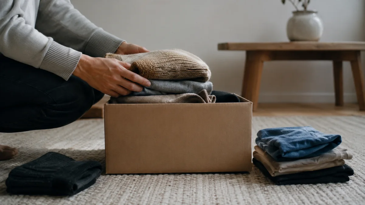 Donation box being filled with folded clothes on the floor