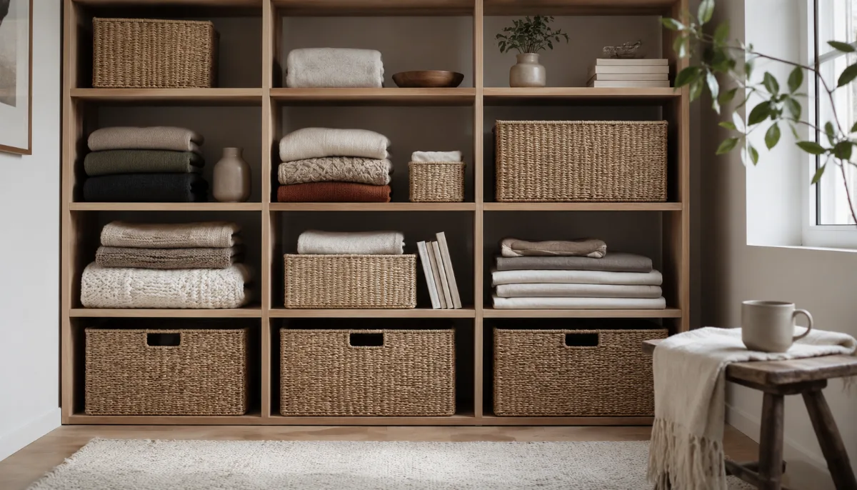 Neat floor-to-ceiling shelving with woven baskets and folded textiles